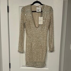 Nude Long Sleeve Sequin and Pearl Dress with Plunge Neckline